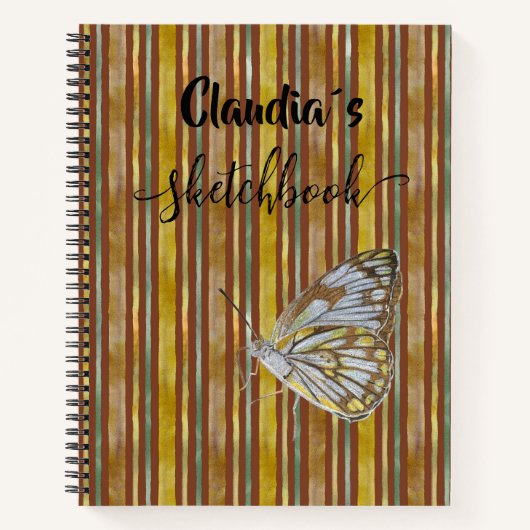 Sketchbook butterfly on brown stripes add name notitieboek (Voorkant)