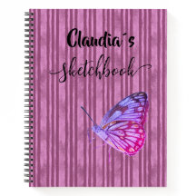 Sketchbook butterfly on pink stripes add name