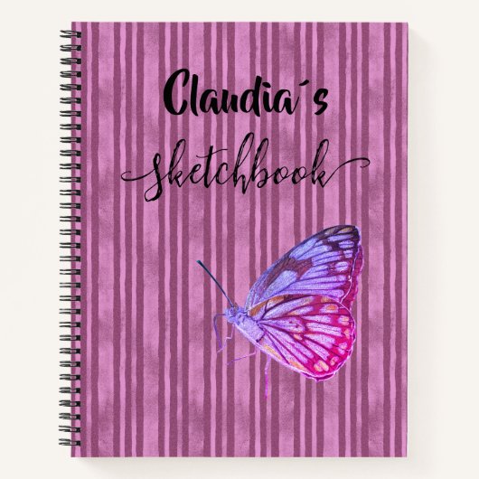 Sketchbook butterfly on pink stripes add name notitieboek (Voorkant)