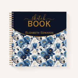 Sketchbook Elegante Rosas Azules y Oro Personaliza Notitieboek