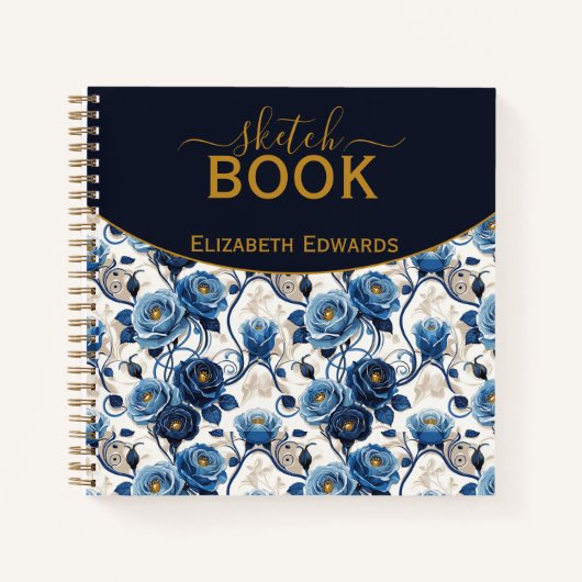 Sketchbook Elegante Rosas Azules y Oro Personaliza Notitieboek (Voorkant)