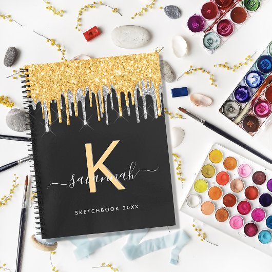 Sketchbook glitter monogram zwart goud zilverkleur notitieboek