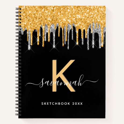 Sketchbook glitter monogram zwart goud zilverkleur notitieboek (Voorkant)