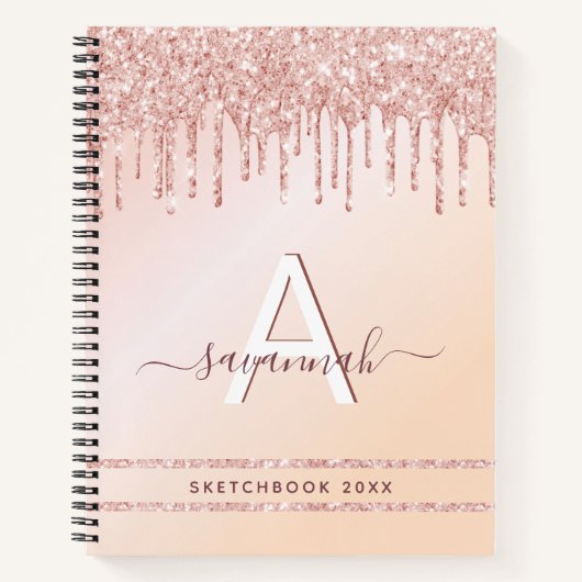 Sketchbook monogram roos goud roze glitter modern notitieboek (Voorkant)