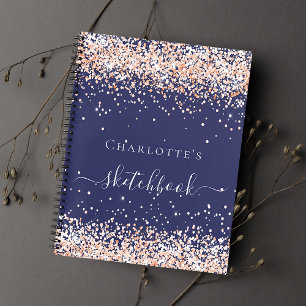 Sketchbook navy blue roos gold glitter name script notitieboek