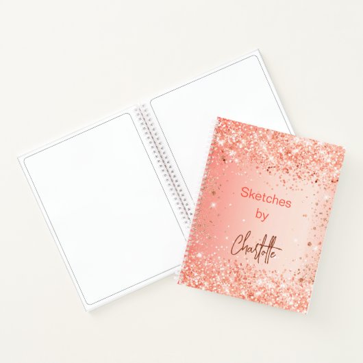 Sketchbook oranje roos goud glitter name script notitieboek (Binnen)