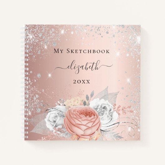 Sketchbook roos gouden bloemen zilveren sparkles notitieboek (Voorkant)
