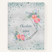 Sketchbook silver florals green glitter dust name notitieboek (Voorkant)