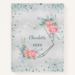 Sketchbook silver florals green glitter dust name notitieboek