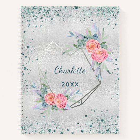 Sketchbook silver florals green glitter dust name notitieboek (Voorkant)