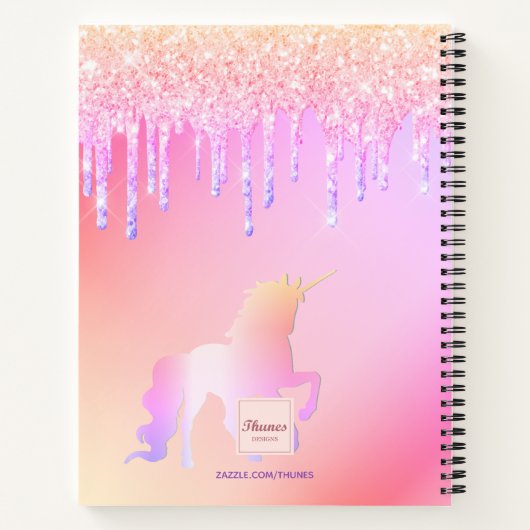 Sketchbook unicorn glitter pink iridescent name notitieboek (Achterkant)