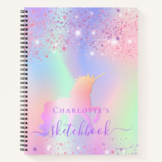 Sketchbook unicorn glitter roze irdescent name notitieboek (Voorkant)
