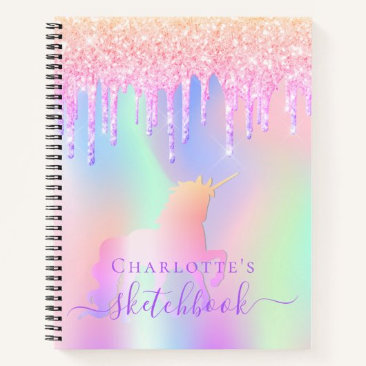 Sketchbook unicorn glitter roze irdescent name notitieboek (Voorkant)