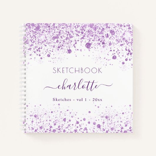 Sketchbook violet white glitter name script notitieboek (Voorkant)