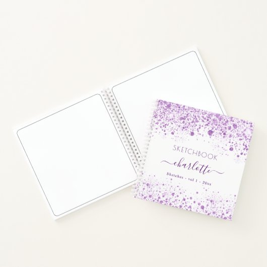 Sketchbook violet white glitter name script notitieboek (Binnen)