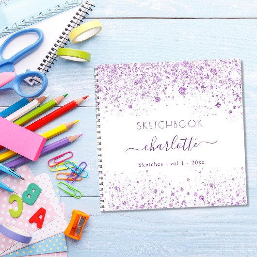 Sketchbook violet white glitter name script notitieboek