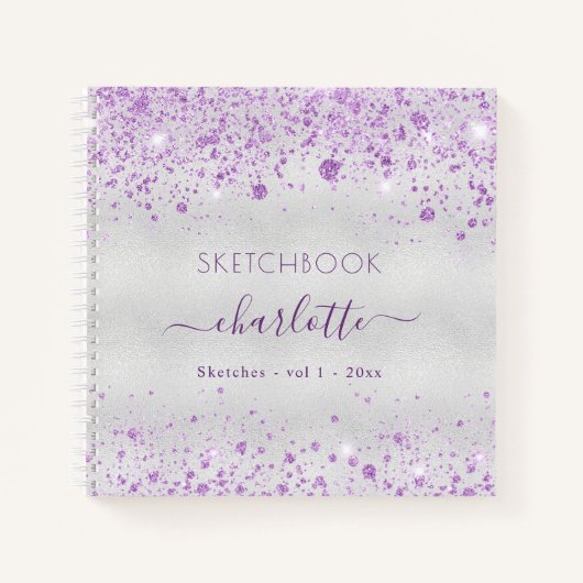 Sketchbook violet zilveren glitter-naamscript notitieboek (Voorkant)