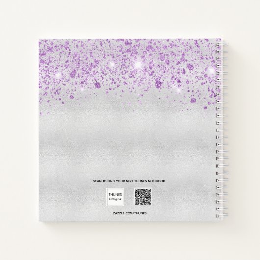 Sketchbook violet zilveren glitter-naamscript notitieboek (Achterkant)