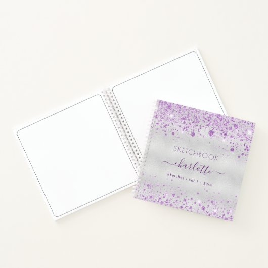 Sketchbook violet zilveren glitter-naamscript notitieboek (Binnen)