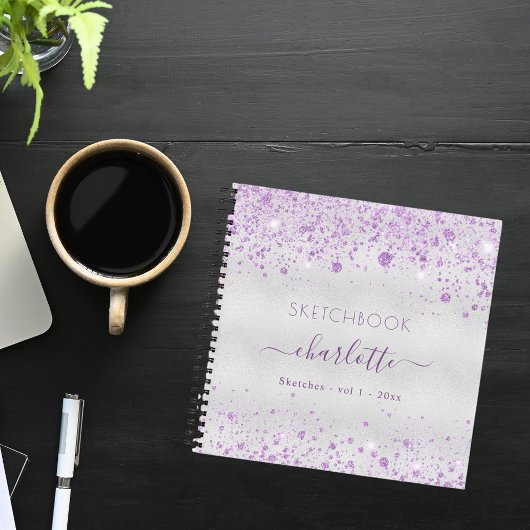 Sketchbook violet zilveren glitter-naamscript notitieboek