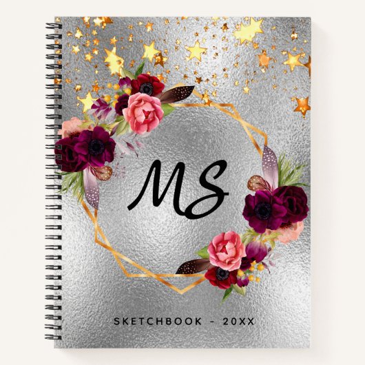 Sketchbook zilveren monogram goudbloem notitieboek (Voorkant)