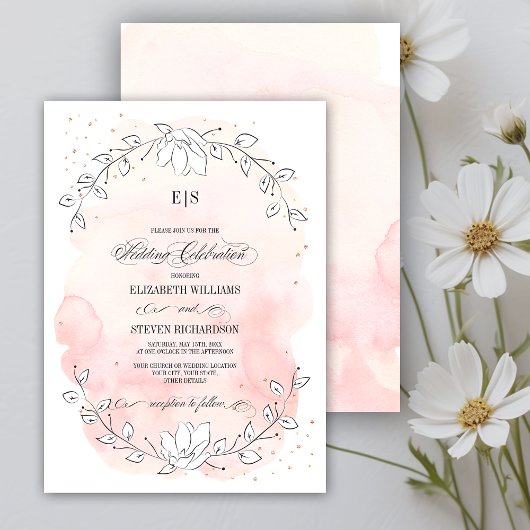 Sketched Floral Blush Pink Waterverf Wedding Kaart