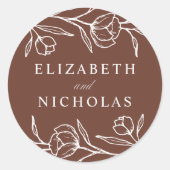 Sketched Floral Brown Wedding Ronde Sticker (Voorkant)