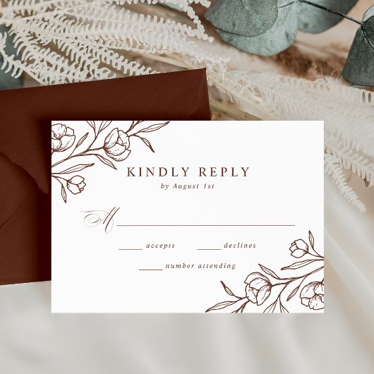 Sketched Floral Brown Wedding RSVP Kaartje