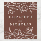 Sketched Floral Brown Wedding Wijn Etiket (Enkel label)