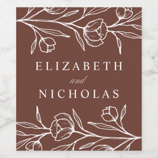 Sketched Floral Brown Wedding Wijn Etiket (Enkel label)