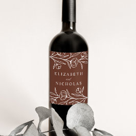 Sketched Floral Brown Wedding Wijn Etiket