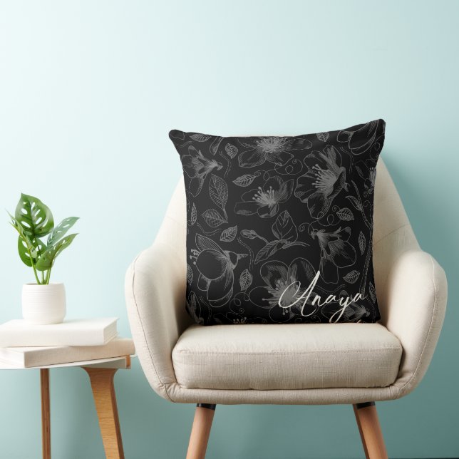 Sketched Floral contour Pattern Grey/Blk ID939 Kussen (Stoel)