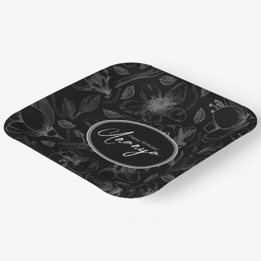 Sketched Floral contour Pattern Grey/Blk ID939 Papieren Bordje (Gebogen)