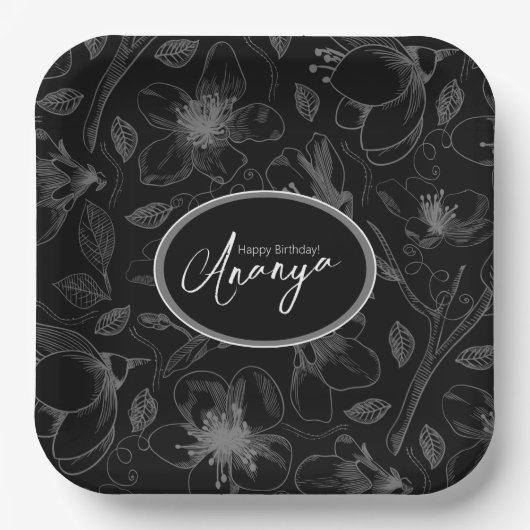 Sketched Floral contour Pattern Grey/Blk ID939 Papieren Bordje (Voorkant)