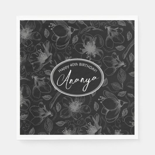 Sketched Floral contour Pattern Grey/Blk ID939 Servet (Voorkant)