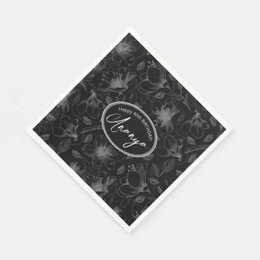 Sketched Floral contour Pattern Grey/Blk ID939 Servet (Hoek)