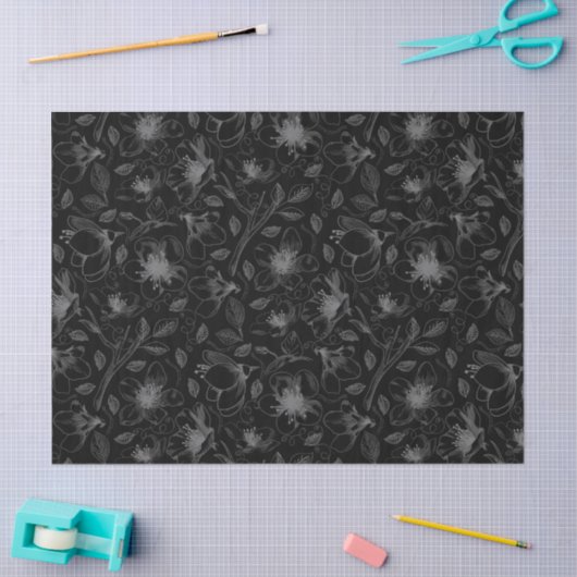 Sketched Floral contour Pattern Grey/Blk ID939 Tissuepapier (Craft)