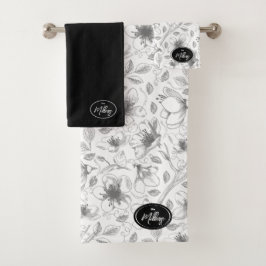Sketched Floral contour Pattern Grey/Wht ID939 Bad Handdoek