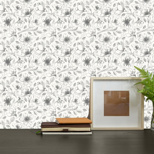 Sketched Floral contour Pattern Grey/Wht ID939 Behang (Creator heeft geüpload)