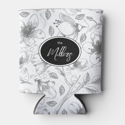 Sketched Floral contour Pattern Grey/Wht ID939 Blikjeskoeler (Voorkant)