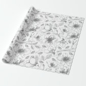 Sketched Floral contour Pattern Grey/Wht ID939 Cadeaupapier (Uitgerold)