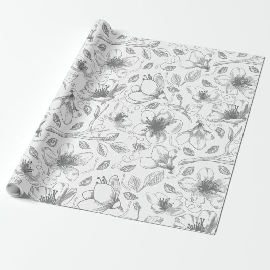 Sketched Floral contour Pattern Grey/Wht ID939 Cadeaupapier (Uitgerold)