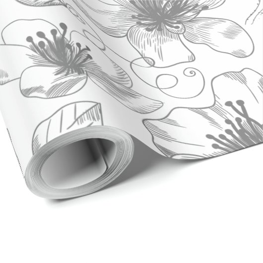 Sketched Floral contour Pattern Grey/Wht ID939 Cadeaupapier (Rol Hoek)