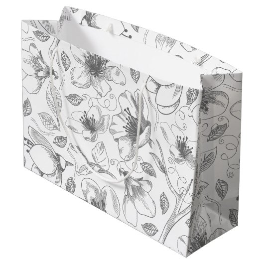 Sketched Floral contour Pattern Grey/Wht ID939 Groot Cadeauzakje (Achterkant Gekanteld)