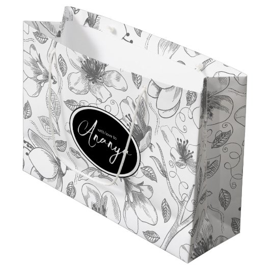 Sketched Floral contour Pattern Grey/Wht ID939 Groot Cadeauzakje (Voorkant Gekanteld)
