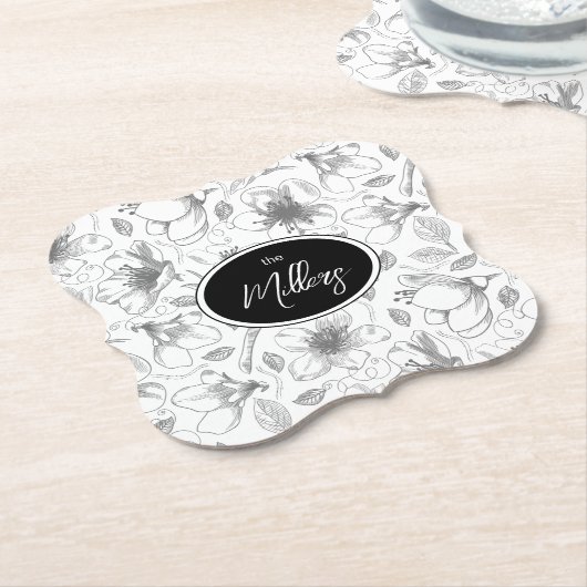 Sketched Floral contour Pattern Grey/Wht ID939 Kartonnen Onderzetters (Gekanteld)