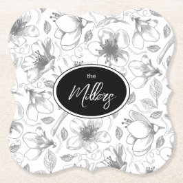 Sketched Floral contour Pattern Grey/Wht ID939 Kartonnen Onderzetters