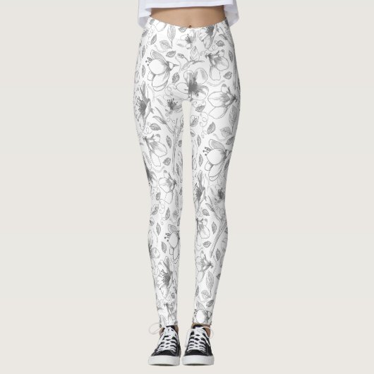 Sketched Floral contour Pattern Grey/Wht ID939 Leggings (Voorkant)