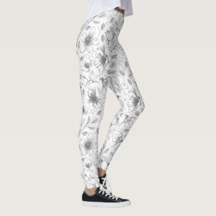 Sketched Floral contour Pattern Grey/Wht ID939 Leggings