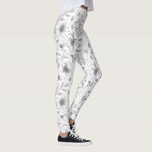Sketched Floral contour Pattern Grey/Wht ID939 Leggings (Rechts)